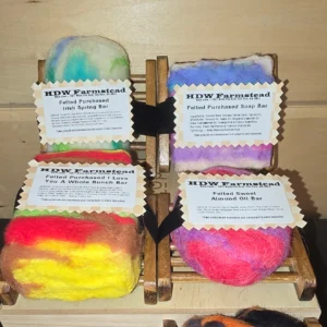 Colorful felted soap bars on display